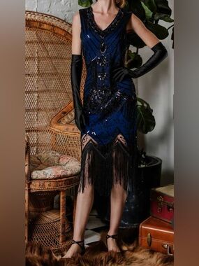NAVY AND BLACK 1920S SEQUINED FLAPPER DRESS SIZE 2X